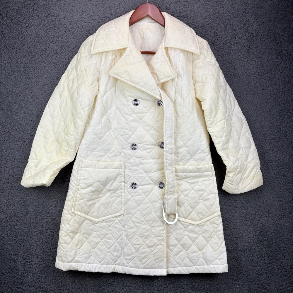 Vintage Cream Quilted Double Breasted Trench Coat Belted Women Size Medium